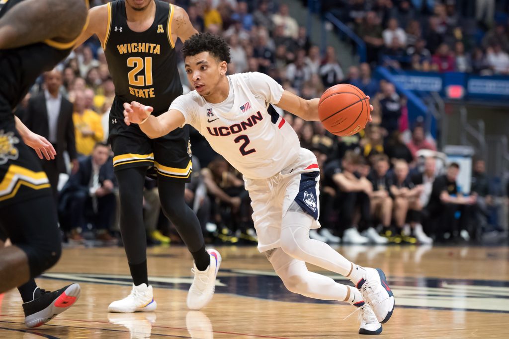 Sophomore James Bouknight in a photo from last season, driving to the basket against Wichita State.