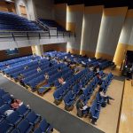 And so began a semester of small classes in large rooms ... (Peter Morenus/UConn photo)