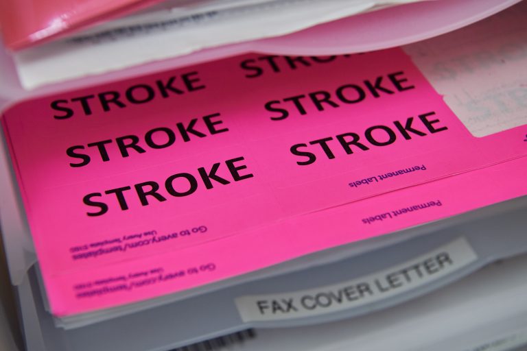 Stroke folders and labels at the Emergency Department at UConn Health in Farmington.
