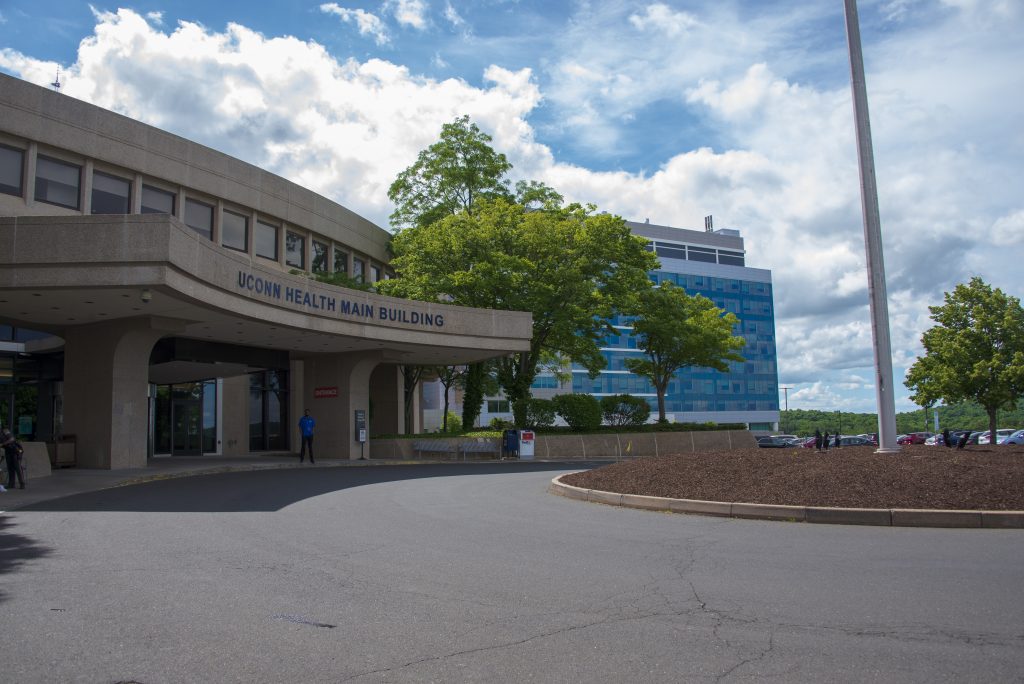 The main building at UConn Health, with the UConn John Dempsey Hospital tower in the background on June 18, 2020