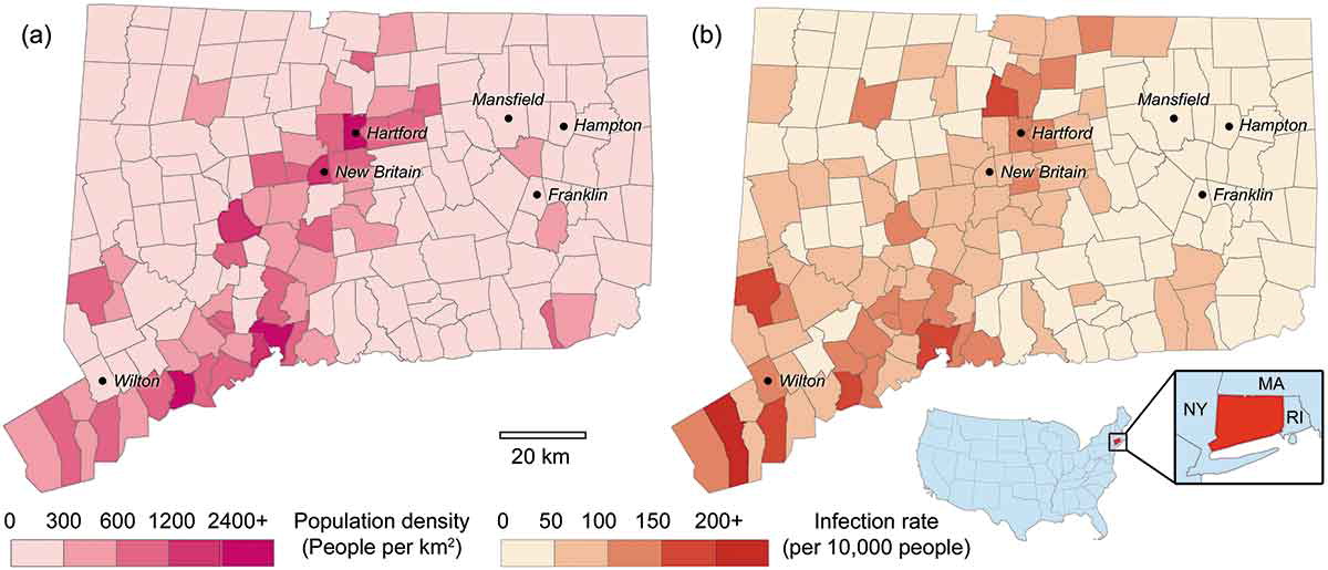 State of CT map with data about COVID infections by town.