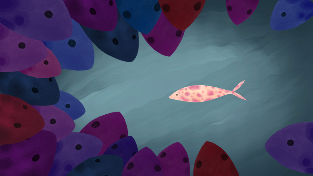An animated still from the "By Your Love" video, showing a small fish surrounded by larger fish.