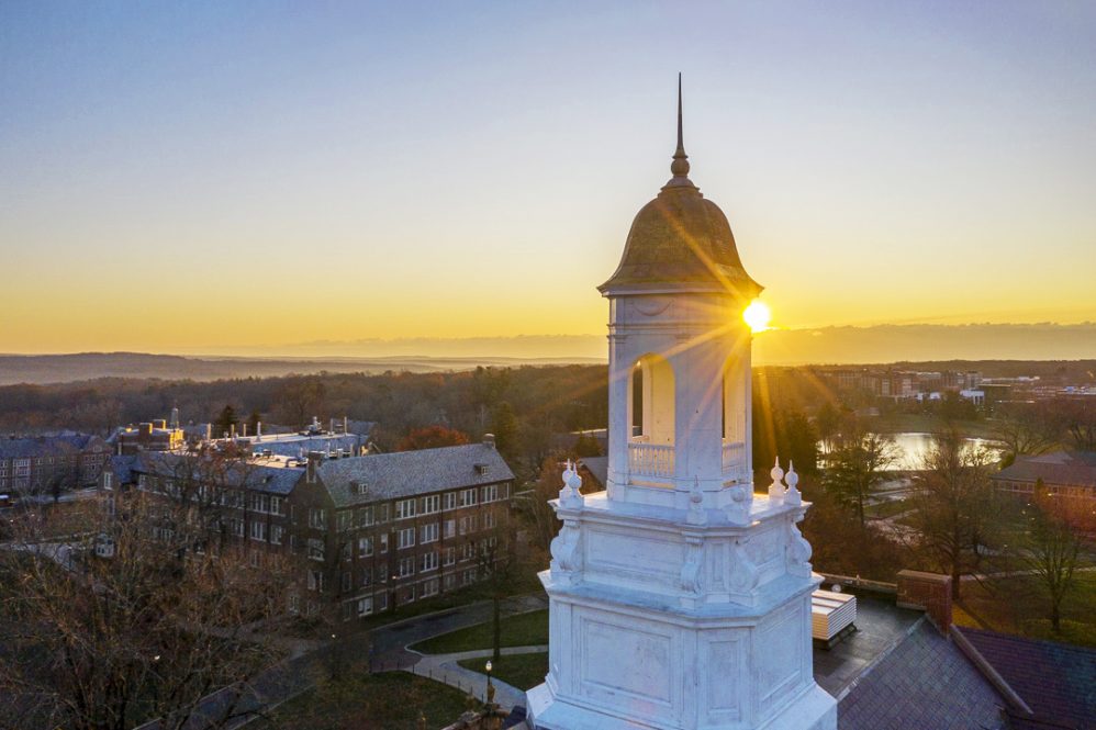 An image from a drone of Wilbur Cross at sunset