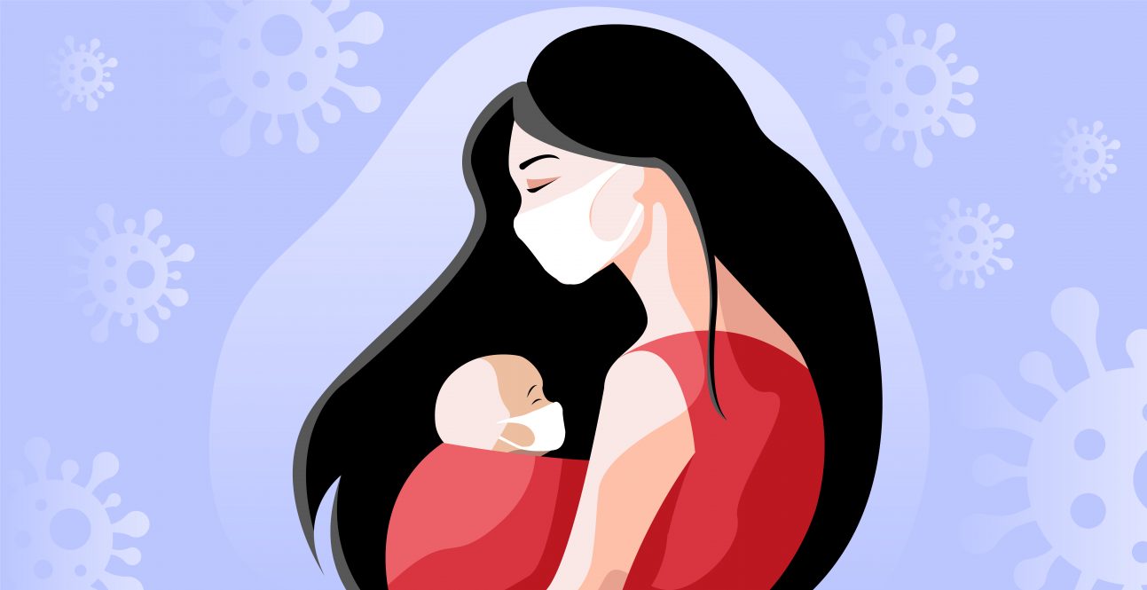 An illustration that depicts a woman of color wearing a facemask and cradling a newborn child, also with a facemask, to symbolize the challenges of new motherhood during the pandemic.