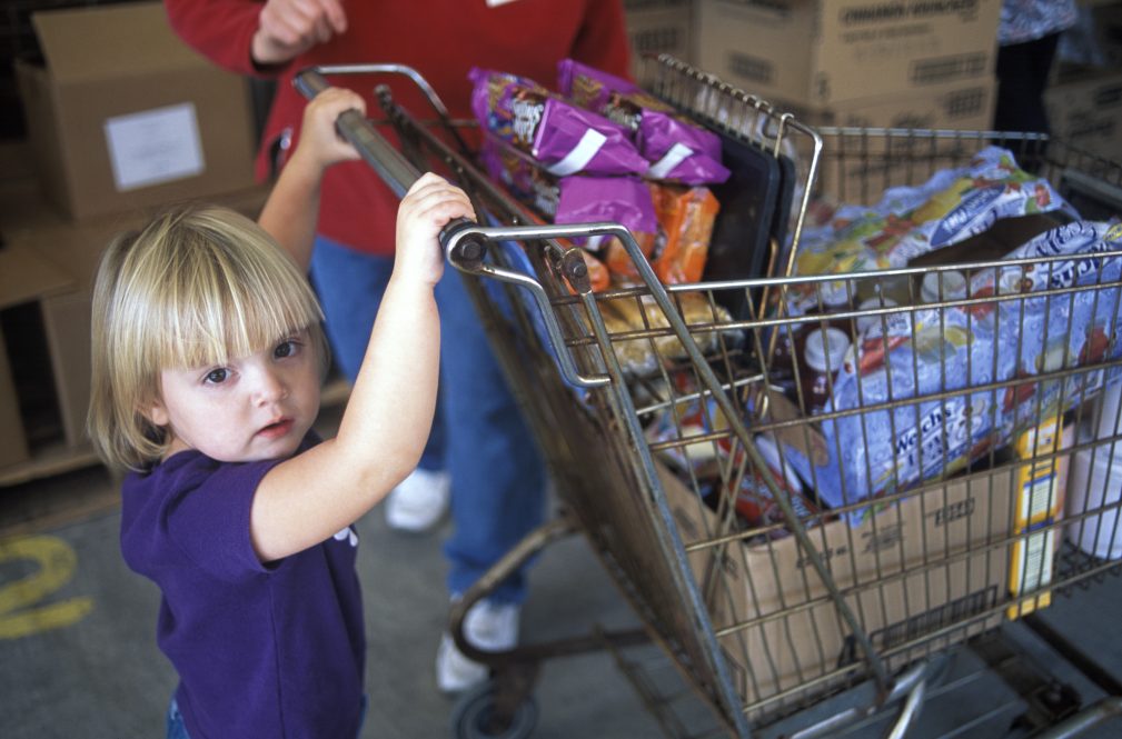 A small child pushes a shopping cart full of groceries at a food pantry.