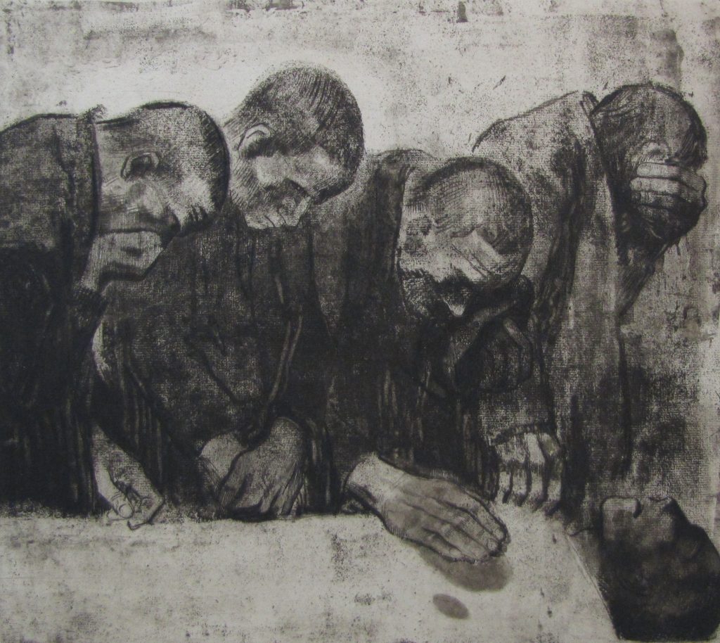 One of Kollwitz's characteristically stark etchings, this depicts workers mourning the German Communist Karl Liebknecht, who was murdered by state forces in 1919.
