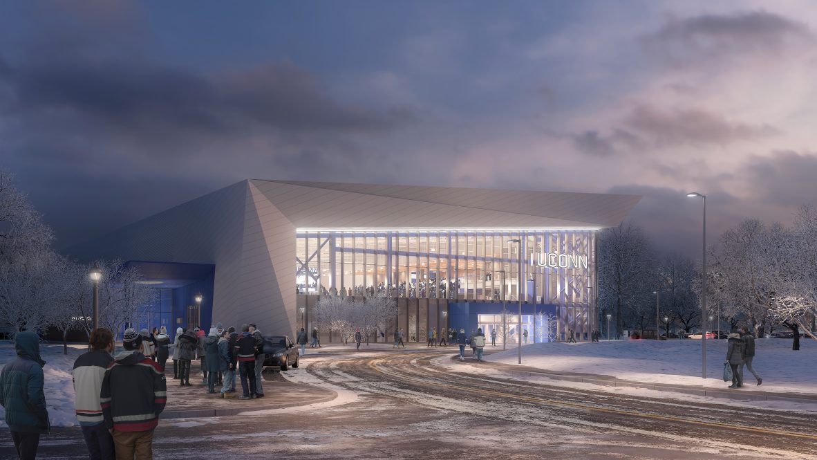 An artist's rendering of the planned ice hockey arena to be built in Storrs.