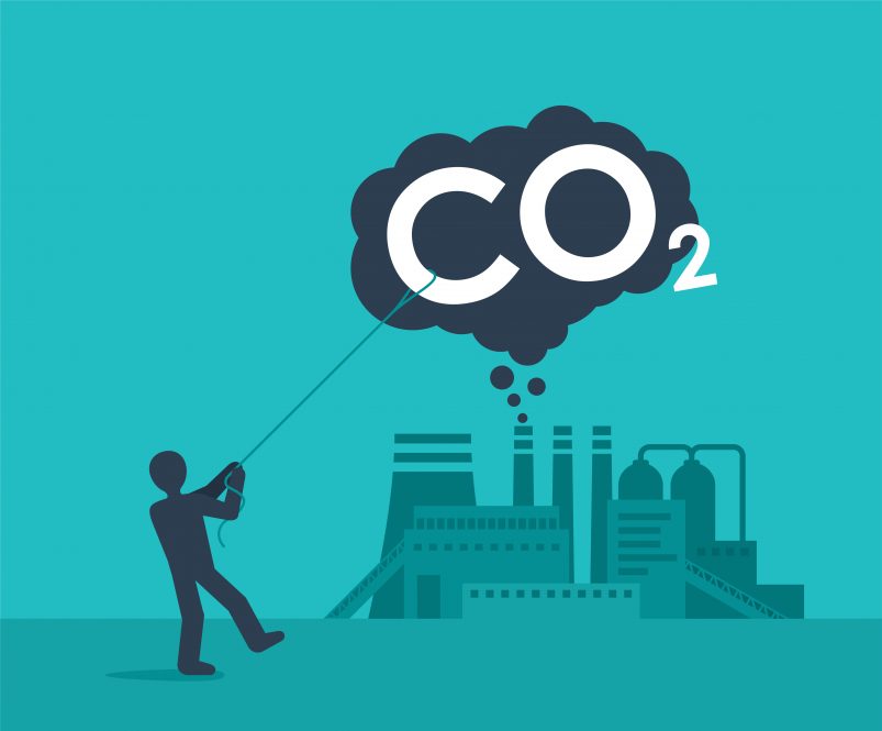 A cartoon showing a human pulling down a cloud labeled "CO2," illustrating the effort to improve carbon capture technology.