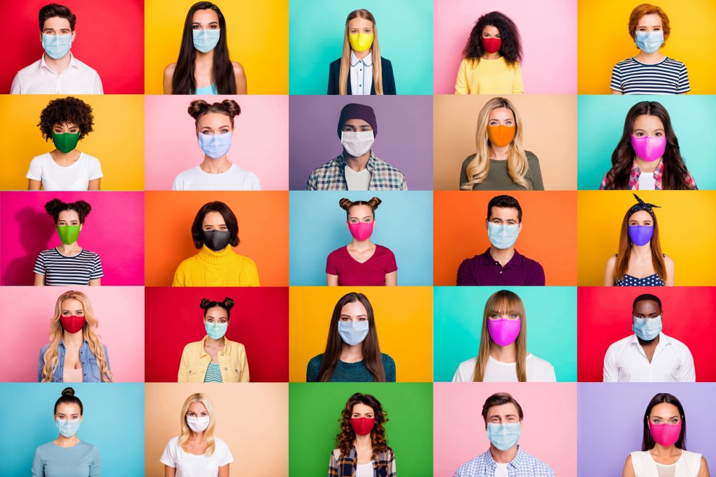 Photo multiple montage image of student kid afro human people of different age and ethnicity wearing surgical disposable and fabric breathing masks isolated over bright colorful background