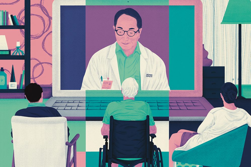 illustration of a doctor on a computer screen talking to three patients in different homes