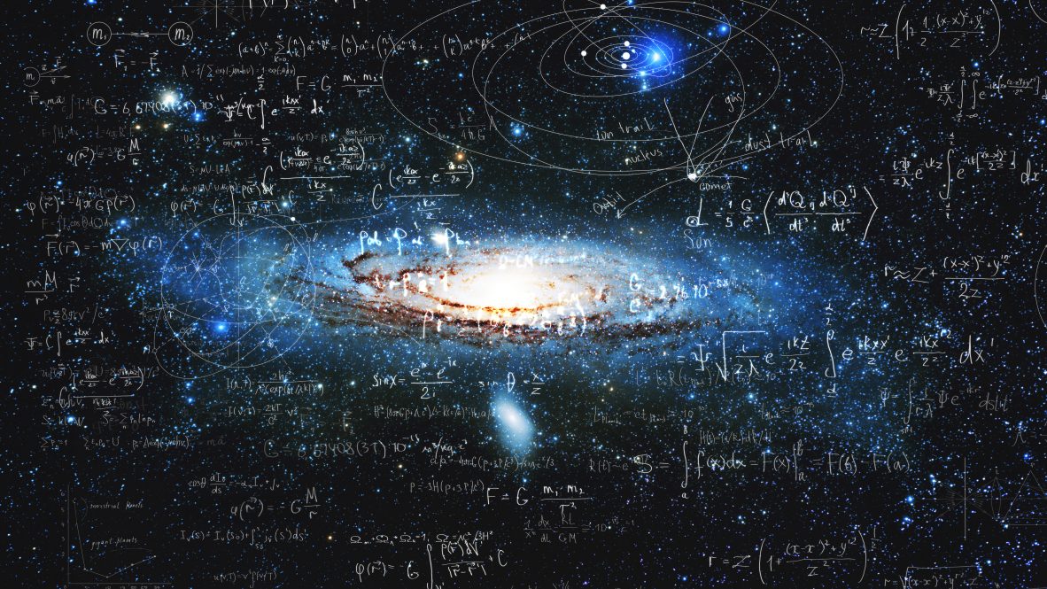 An illustration that blends physics equations with a picture of a distant galaxy.