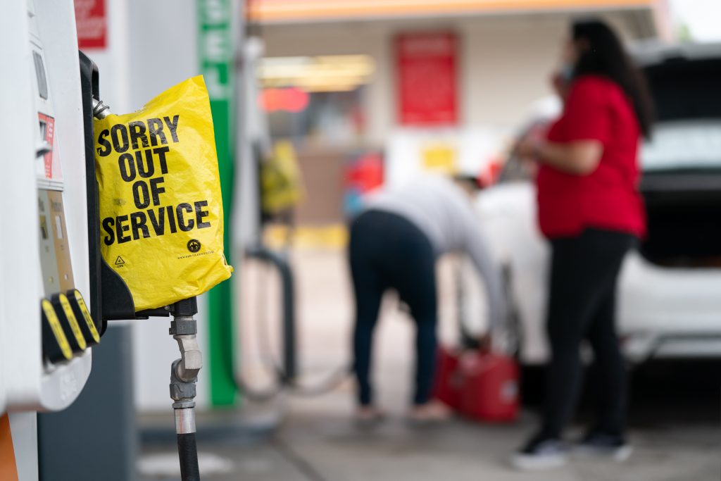 An out of service bag covers a pump handle at a gas station May 12, 2021 in Fayetteville, North Carolina.