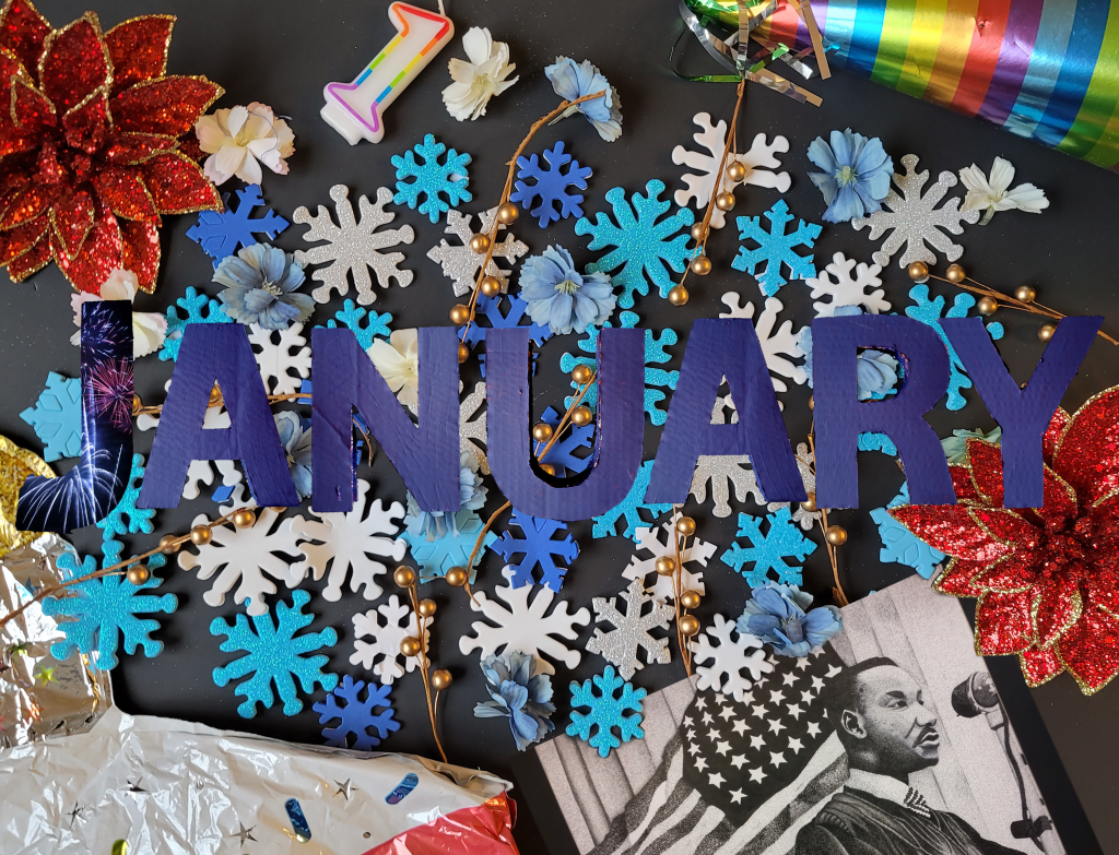 Tash Archibald ’21 SFA, whose concentration in art was in illustration/animation, designed a calendar themed assemblage as her senior project. She used party hats, snowflakes and a portrait she drew of Dr. Martin Luther King Jr. to illustrate January. Assemblage Design by Tash Archibald.