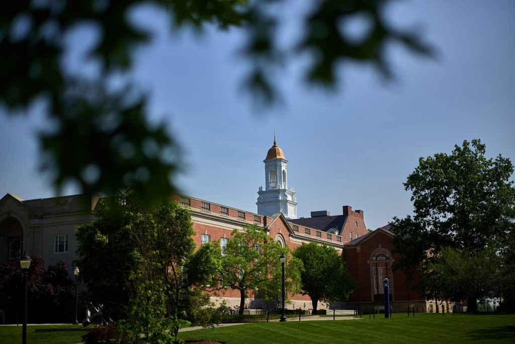 Tree-framed shot of the Wilbur Cross building on the Storrs campus.