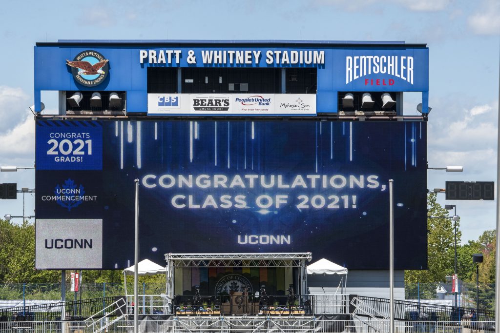 Rentschler field video board with 'Congratulations, Class of 2021!' message