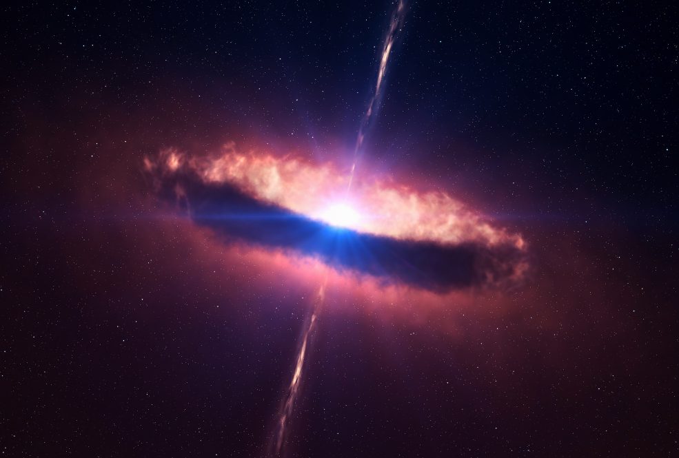 An illustration with elements from NASA showing a quasar - a supermassive black hole being rapidly formed.