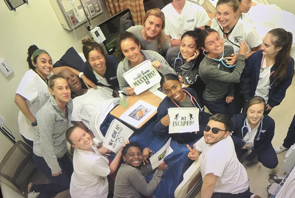 UConn nursing students participating in an escape room exercise in the School of Nursing’s Clinical Simulation Learning Center (contributed photo).