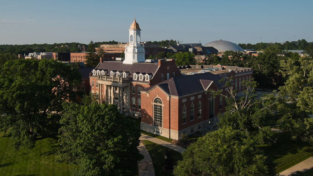 A view from above of the Wilbur Cross building on the Storrs campus.