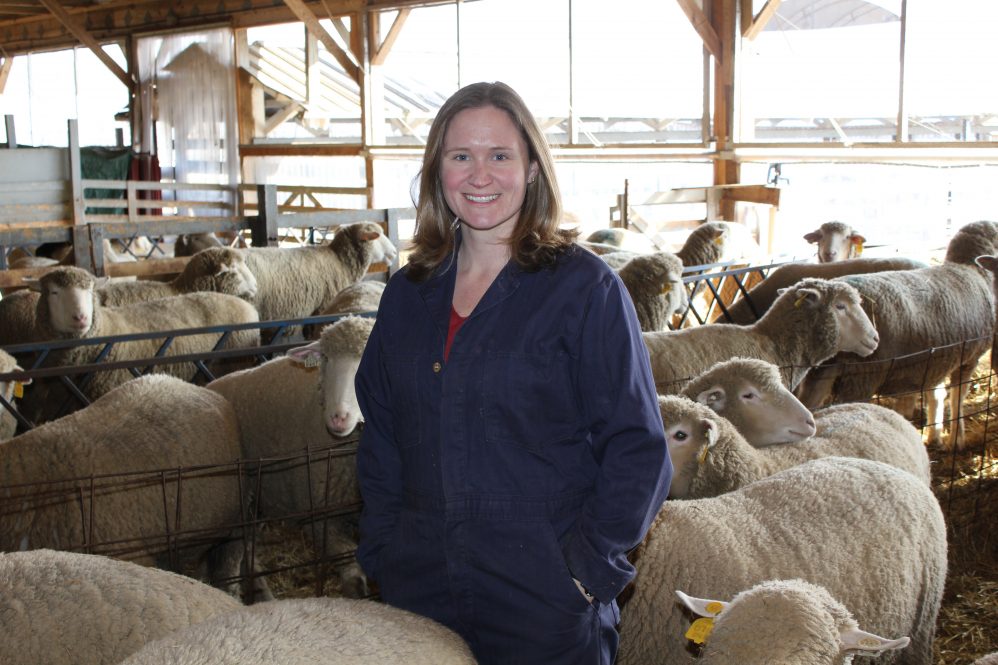 Smiling woman near sheep