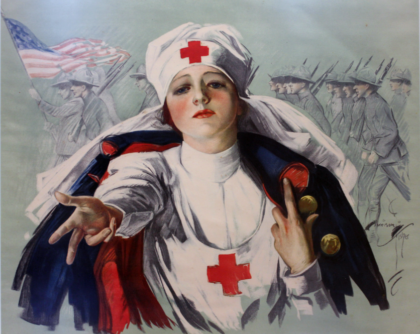 A historic poster depicts a nurse reaching toward the viewer.