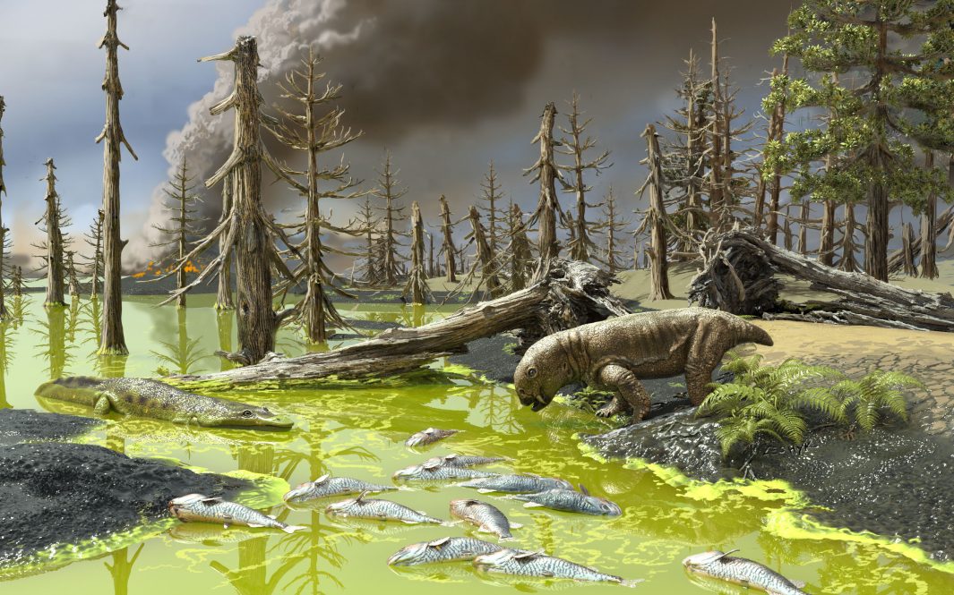 An artist's rendering of the conditions during the End-Permian Mass Extinction, which wiped out nearly all life on earth.