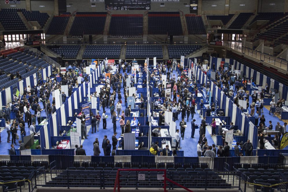 After more than two years, UConn will host an in-person career fair, like this one from 2017. But virtual options and other pandemic-related changes will remain.