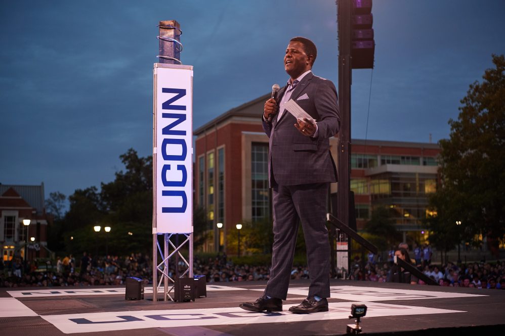 Vern Granger, director of undergraduate admissions, speaks during the Convocation ceremony on the Student Union Mall on Aug. 23, 2019.