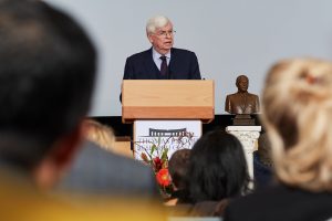 Christopher Dodd speaks during the 2019 Thomas J. Dodd Prize ceremony at the Student Union Theater on Nov. 7, 2019. (Peter Morenus/UConn Photo)