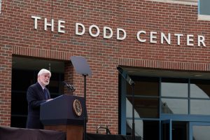 Former Senator Christopher J. Dodd speaks during the dedication ceremony of The Dodd Center for Human Rights at the University of Connecticut main campus in Storrs on Oct. 15, 2021.