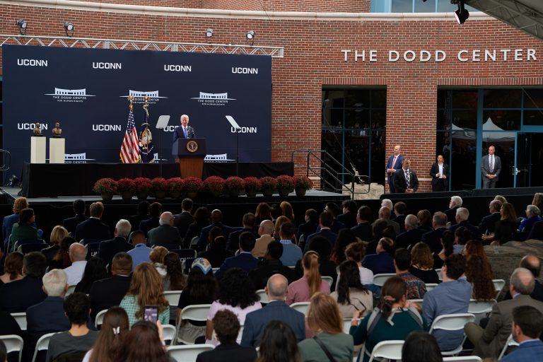 President Joe Biden speaks during the dedication ceremony of The Dodd Center for Human Rights at the University of Connecticut main campus in Storrs on Oct. 15, 2021.