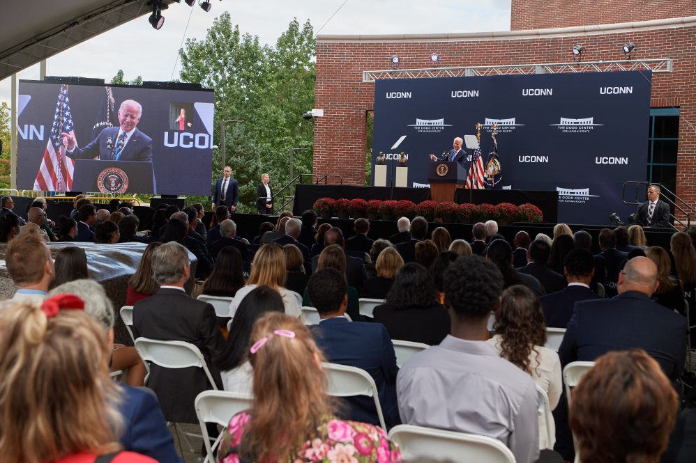 President Joe Biden speaks during the dedication ceremony of The Dodd Center for Human Rights at the University of Connecticut main campus in Storrs on Oct. 15, 2021.