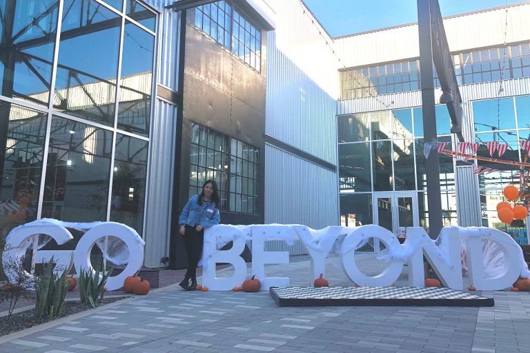 Woman stands outside at Beyond Meat offices