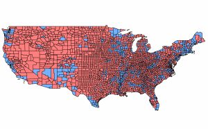 A common way for maps to be accurate but misleading are maps showing county-by-county results in presidential elections, coded by color. While a glimpse at the map suggests an apparent landslide, more than half the U.S. population lives in 146 counties out of more than 3,000.