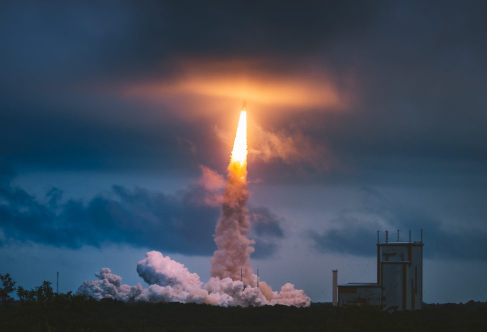 Ariane 5 lifts off and deploys the James Webb Space Telescope on December 25, 2021 in Kourou, French Guiana. (Photo by Andrew Richard Hara/Getty Images)