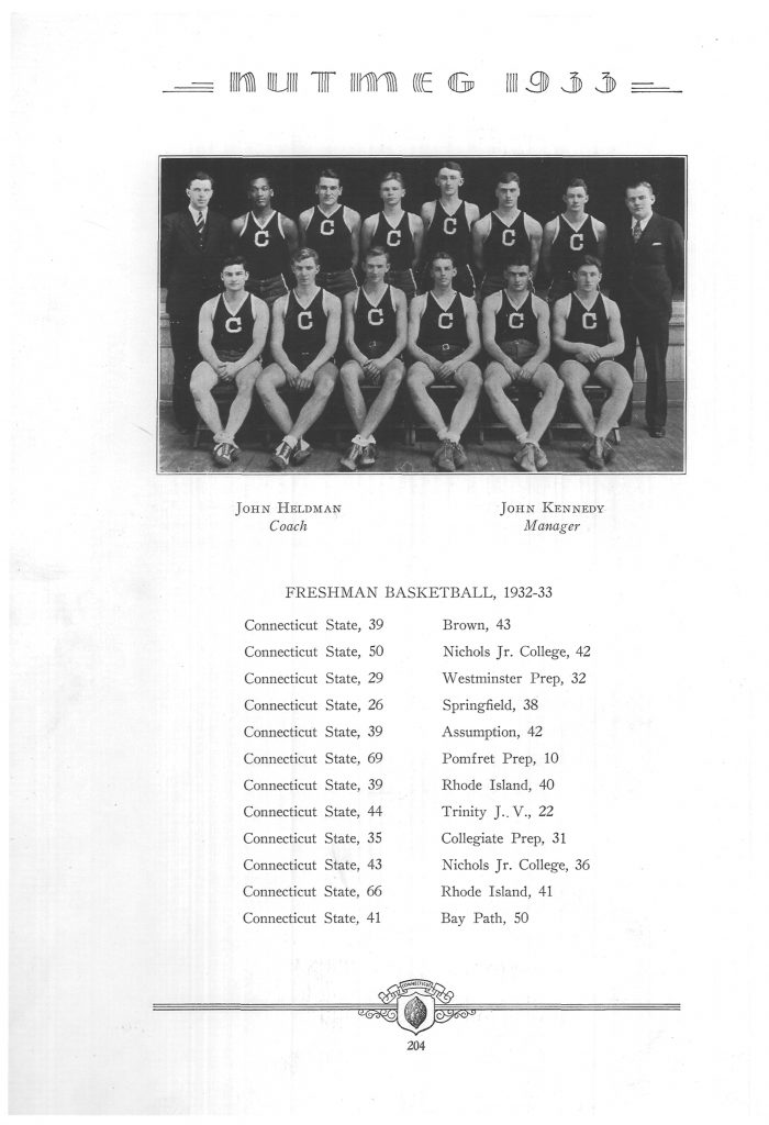 A page from the 1933 Nutmeg yearbook showing the men's basketball team.