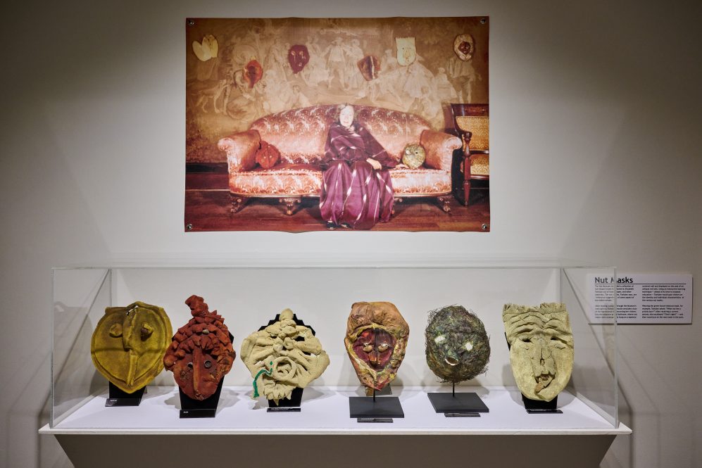 A selection of nut shaped masks made from foam, paper, and other materials are a part of Remembering the Nut Museum: Visionary Art of Elizabeth Tashjian on exhibit at the William Benton Museum of Art on Feb. 3, 2022.