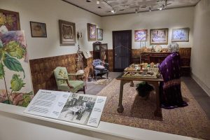 A gallery reproduction of the Nut Museum at it originally appeared in an Old Lyme mansion; part of Remembering the Nut Museum: Visionary Art of Elizabeth Tashjian on exhibit at the William Benton Museum of Art on Feb. 3, 2022. 