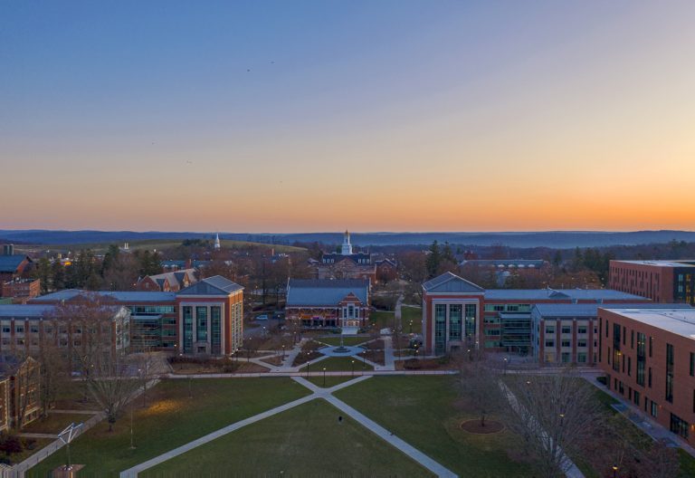 Drone photo of the Student Union Mall , Wilbur Cross, and sunset.