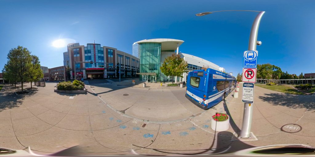 A exterior panoramic view of the Stamford Campus on Oct. 9, 2020. (Peter Morenus/UConn Photo).