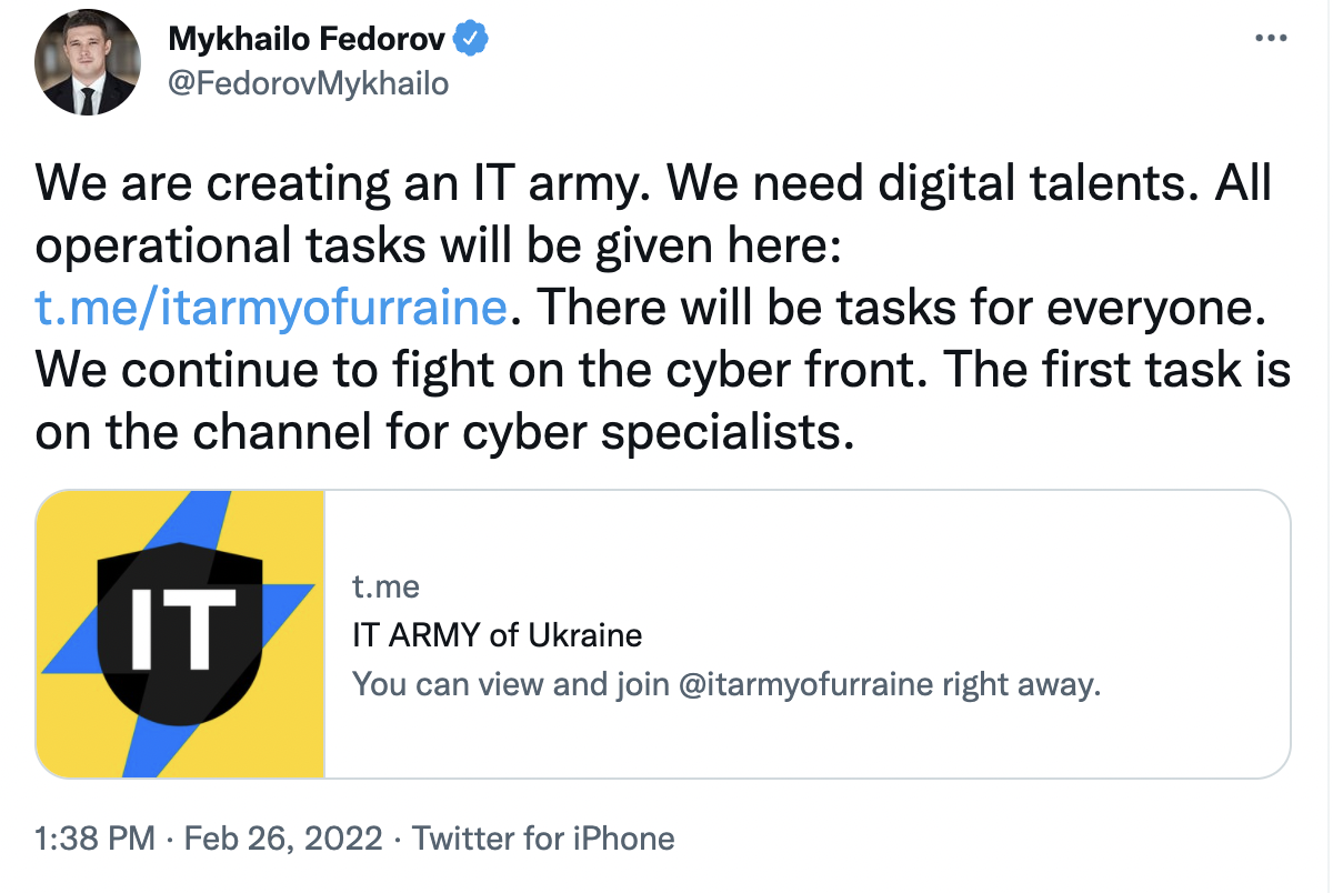 Screenshot of tweet from Ukrainian Vice Prime Minister Mykhailo Fedorov