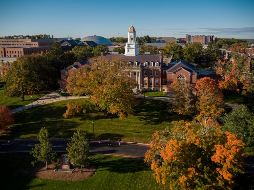 A fall morning aerial view of the Wilbur Cross Building on Oct. 18, 2021.