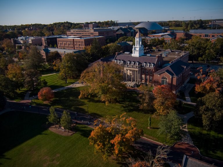 A fall morning aerial view of the Wilbur Cross Building on Oct. 18, 2021.