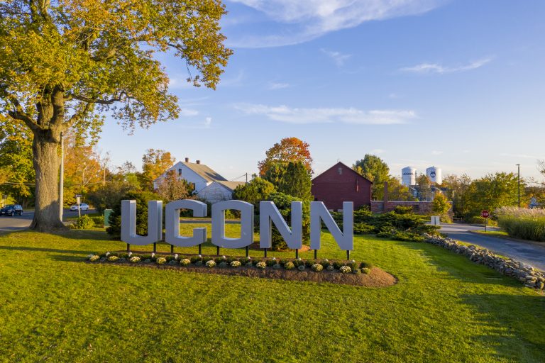 Aerial (drone) view of the large letter UConn Sign on Oct. 15, 2019.