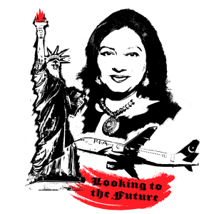 polka tattoo style artwork that depicts Marvi Sirmed traveling to the U.S. to be able to freely report on challenging topics