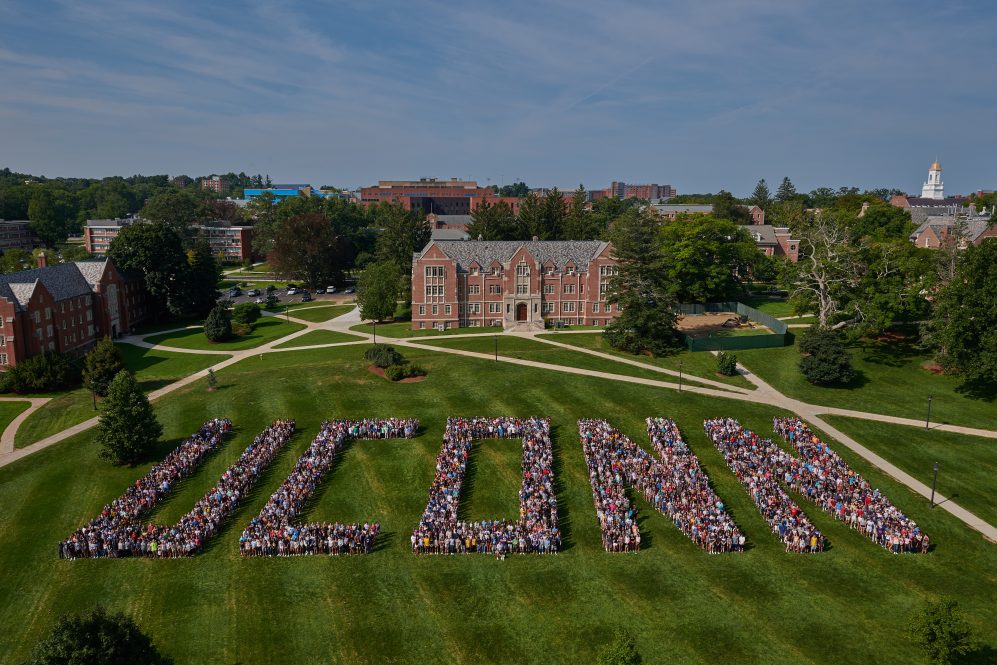 The Classs of 2022 class photo taken on the Great Lawn in the form of the word UConn