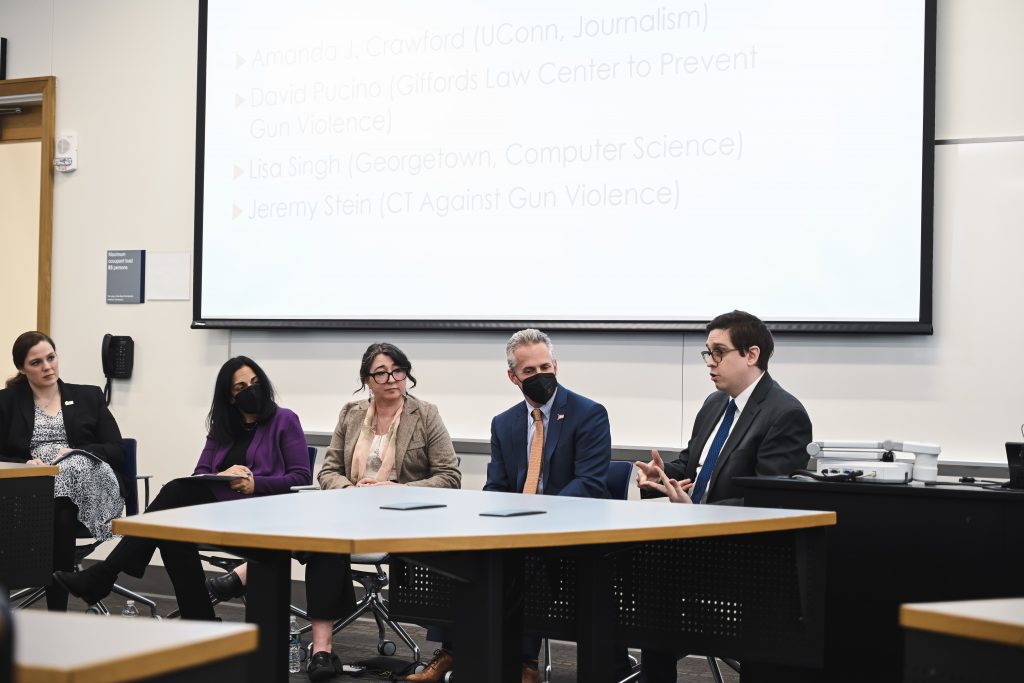 Left to Right: Kerri Raissian, Lisa Singh, Amanda Crawford, Jeremy Stein, and David Pucino speak at a Gun Violence Misinformation Panel at the Hartford Times Building on April 5