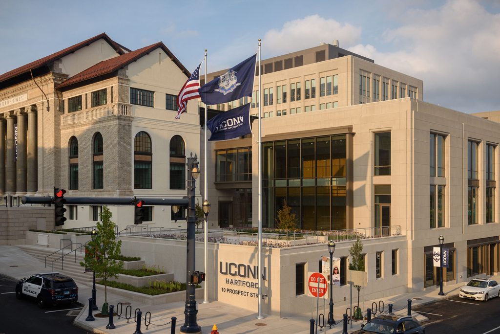 An exterior building shot of the UConn Hartford building.