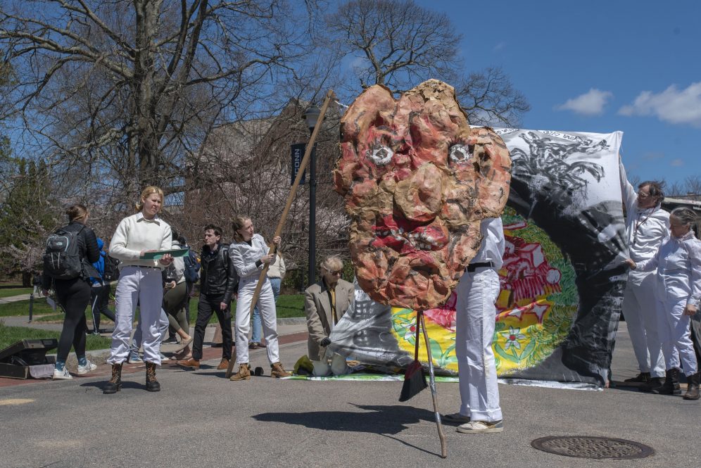 Members of The Bread and Puppet Theater from Vermont performing a play on Fairfield Way. The company will stage a production of the ancient Greek tragedy "The Persians" on the South Campus lawn April 23 and 24.