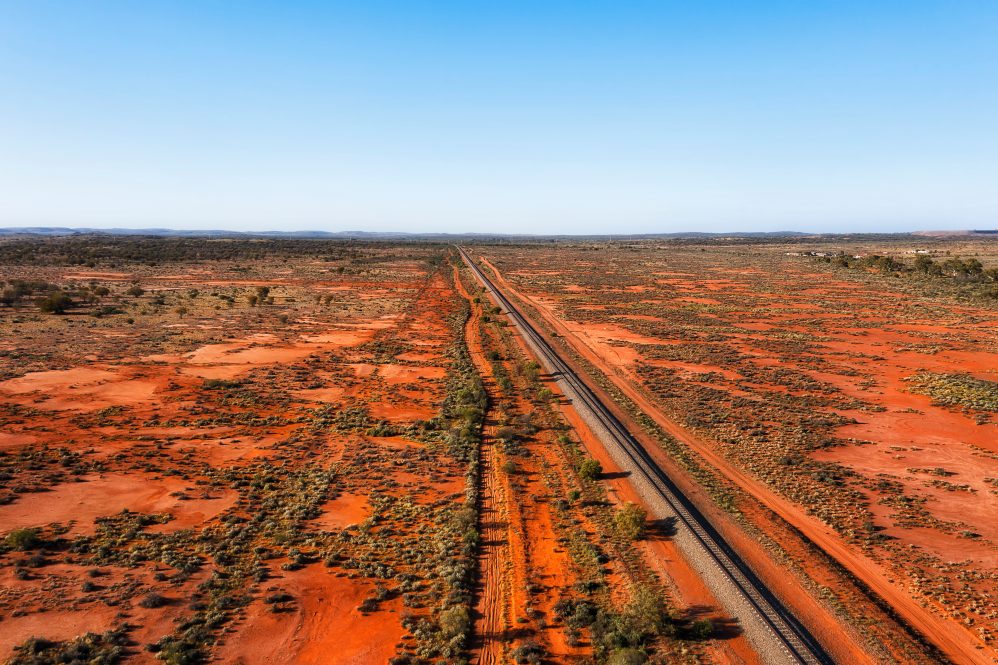Extreme terrain of remote red soil outback in Australia around Broken hill and railway track - aerial landscape.