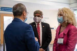 Interim UConn Health CEO Dr. Bruce Liang greets National Science Foundation director Dr. Dr. Sethuraman Panchanathan and Interim UConn President Radenka Marik during a visit to UConn Health's Cell and Genome Sciences building